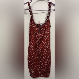 SHEIN Red W White Floral Print Ruched Bust Frill Trim Bodycon Dress Womans Small